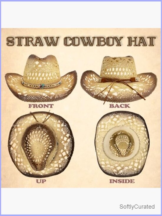 Western Straw Cowboy Hat with Two Decorative Bands and Hair Band, Wide Brim
